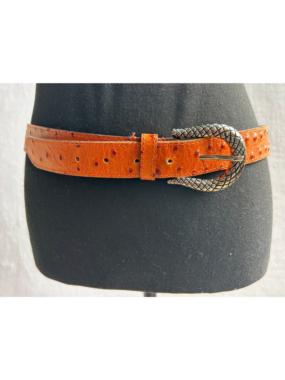 Berge belts silver textured snake buckle and a distinct orange faux-ostrich